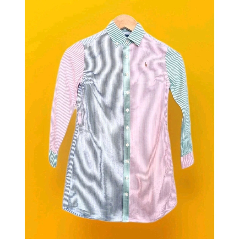 Polo Ralph‎ Lauren Girls Size 8 Seersucker Shirt Dress Pink Green Blue Striped